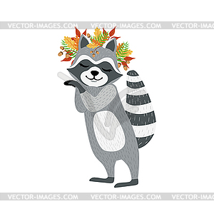 Cute Raccoon символов с осени листья Коронка - векторный клипарт Royalty-Free