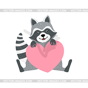 Cute Raccoon Character With Giant Pink Heart - vector clipart