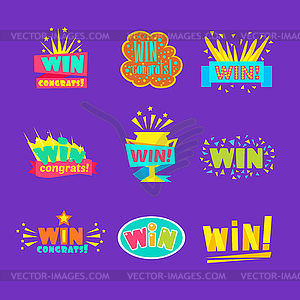 Win Congratulations Stickers Assortment Of Comic - vector clip art