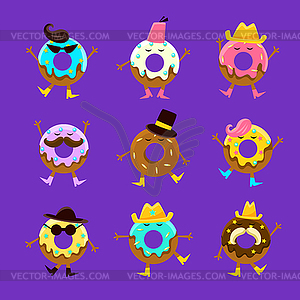 Humanized Doughnut Cartoon Characters With Arms - vector clip art