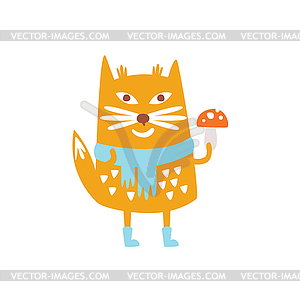 Fox In Scarf Holding Death Cap Mushroom Smiling In - vector clipart