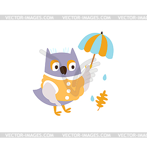 Owl In Jacket With Umbrella Under Rain In Autumn - vector image