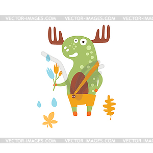 Green Moose Wearing Uellow Pants With Suspender - vector image