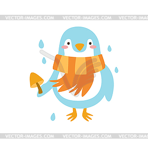 Blue Penguin Wearing Scarf Holding Mushroom Under - vector clipart