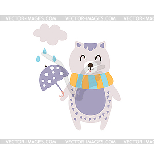 Фиолетовый Кот в шарф Холдинг зонтик под дождем в - векторное изображение клипарта