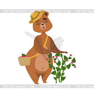 Girly Cartoon Brown Bear Character Wearing Straw Ha - vector clipart