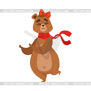 Девчушки мультяшный бурый медведь персонаж с луком и - клипарт Royalty-Free