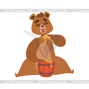 Girly Cartoon Brown Bear Character Eatin Honey - vector image