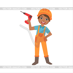 Boy Holding Electric Drill, Kid Dressed As Builder - vector clip art