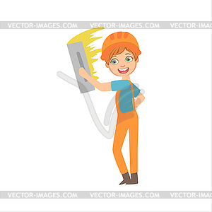 Boy Aligning Walls With Palette Knife, Kid Dressed - vector clipart