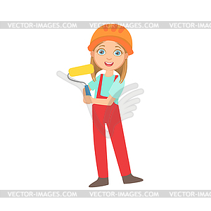 Girl Holding Painting Roll, Kid Dressed As Builder - vector clipart