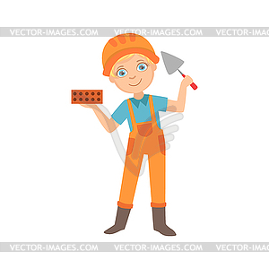 Boy Holding Palette Knife And Brick, Kid Dressed - vector clip art