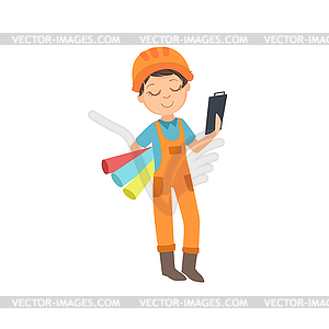 Boy With Three Wallpaper Rolls And Checklist, Kid - vector clipart