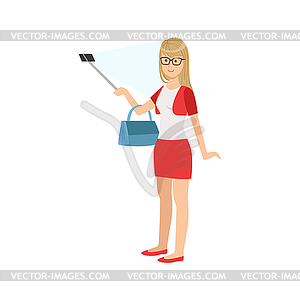 Girl In Red Skirt Taking Picture With Selfie Stick - vector image