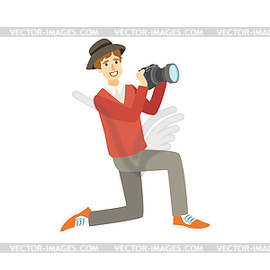 Man Tourist Taking Pictures With Photo Camera - vector image