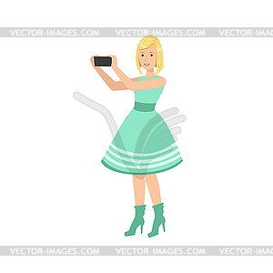 Girl In Blue Dress Taking Pictures With Photo Camera - vector EPS clipart