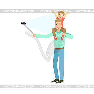 Father With Kid On Shoulders Taking Picture With - vector image