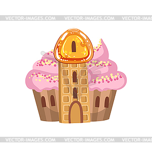Small Cupcake Castle With Cream Roof And Waffle - vector image
