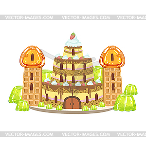 Birthday Cake Castle With Waffle Towers Fantasy - vector image