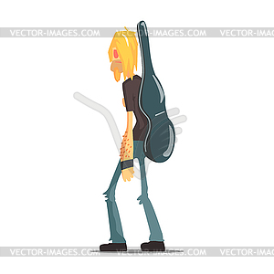 Rock Band Member Funny Character With Guitar Case - vector clipart