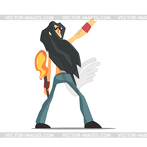 Rock Band Member Funny Character With Long Black - vector image