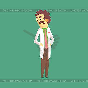 Funny Scientist In Lab Coat Standing And Smiling - vector clipart