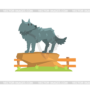 Grey Wolf Standing On Large Rock On Green Grass - vector clipart