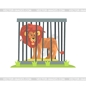 Dangerous Lion With Big Mane Standing Behind Cage - vector image