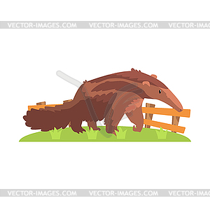 Brown Anteater With Long Snout Standing On Green - vector clip art