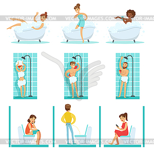 People In Bathroom Doing Their Routine Hygiene - vector clip art