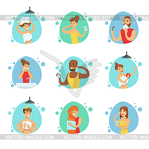 People In Bathroom Doing Their Routine Hygiene - royalty-free vector clipart