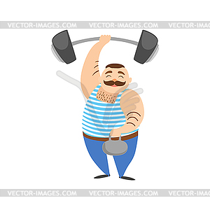 Circus Strongman Man Holding Two Heavy Weight - vector image