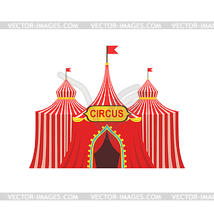 Circus Temporary Tent In Stripy Red Cloth With Flag - vector image