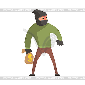 Criminal With Sock On Head Holding Money Bag - vector image