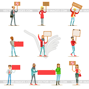 People Marching In Protest With Banners, Screaming - royalty-free vector image