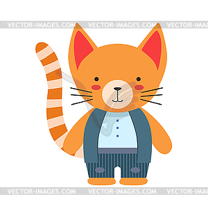 Red Cat In White Top And Vest Cute Toy Baby Animal - vector clip art