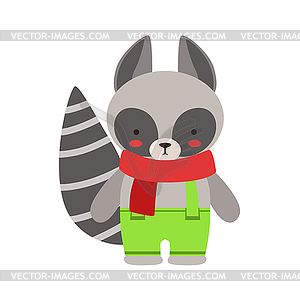 Raccoon In Red Scarf And Green Pants Cute Toy Baby - vector clipart