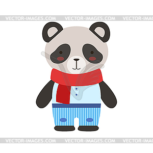 Panda In Red Scarf And Blue Pants Cute Toy Baby - vector clipart