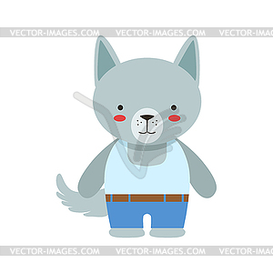 Wolf In White Sleeveless Top And Jeans Cute Toy Bab - vector image