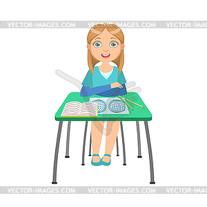 Schoolgirl Sitting Behind Desk In School Geography - color vector clipart