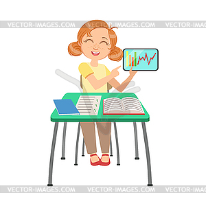 Schoolgirl Sitting Behind Desk In School Class - vector image