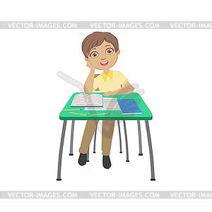 Schoolboy Sitting Behind Desk In School In Dreamy - vector clipart