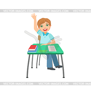 Schoolboy Sitting Behind Desk In School Class - vector clip art