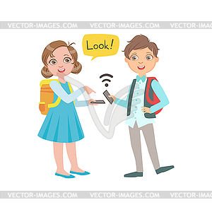 Schoolkids Boy And Girl Chatting And Exchanging - royalty-free vector clipart