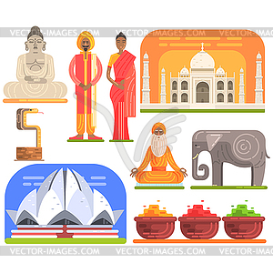 Famous Touristic Attractions To See In India. - vector clipart