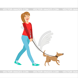 Happy Girl Walking Small Pet Dog On Leash, Part Of - vector clipart / vector image