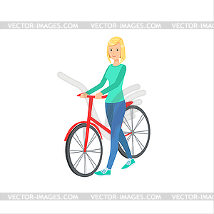 Happy Girl With Short Blond Hair Walking With Her - vector clipart