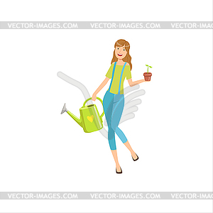 Happy Girl In Garden With Watering Can And Plant - vector clip art