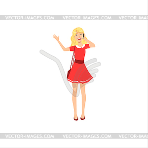 Happy Pretty Blond Girl In Red Dress Chatting Ohe - color vector clipart