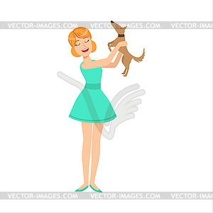 Pretty Girl In Blue Dress Playing With Her Smal - vector clipart / vector image